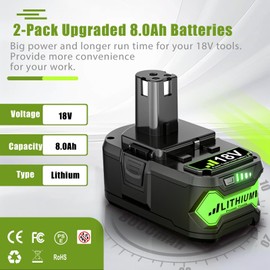 Upgraded 8.0Ah 2Packs P108 18V Battery Compatible with Ryobi 18V ONE+ Battery P102 P103 P104 P105 P107 P109 P122 PBP005 PBP004 PBP003 PBP002 RB18L50 BPL1820 Cordless Power Tools with LED Indicator
