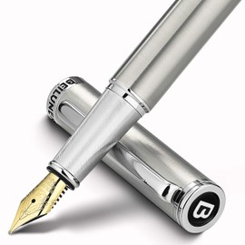 BEILUNER Luxury Fountain Pen Set, Solid 24K Gilded Medium Nib, Silver Stainless Steel Body- Includes 6 Ink Cartridges & Ink Refill Converter with Gift Case - Nice pen for Men and Women