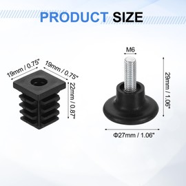 sourcing map 8 Set Leveling Feet, M6x19x19mm Plastic Adjustable Furniture Leg Leveling Square Threaded Insert Screw-in Glide Levelers for Table Chair Furniture, Black