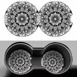 Flower Black Car Cup Holder Coaster 2 Pack Absorbent Ceramic Car Coasters for Cup Holders Car Accessories Interior for Women Men Universal Anti Slip Cork Base Cup Coasters with Finger Notch