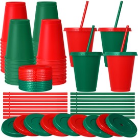 Skylety 16 Pcs Christmas Plastic Cups with Lids and Straws 16 oz Red Green Plastic Cups Xmas Coffee Cups Reusable Christmas Tumbler Water Bottle Holiday Party Supplies Gift for Drinking Coffee Cocoa