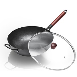 Wrought Iron Flat Bottom Wok with Glass Lid – Detachable Wooden Handle, Non-Coated Naturally Nonstick Frying Pan for Gas, Electric & Induction Stoves (Black Wok with Helper Handle, 13.4 inch)