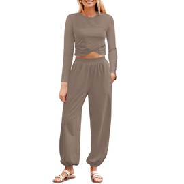 Fisoew Women's 2 Piece Lounge Sets Casual Long Sleeve Crossover Crop Tops Jogger Pants Tracksuits Outfits