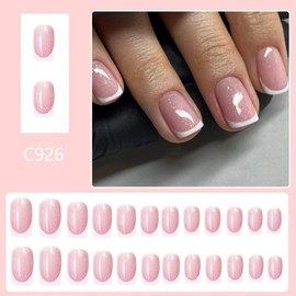 White French Tips Press on Nails Short Square Fake Nails with Glossy Glitter Designs Nude Pink Artificial Nails Spring False Nails Cute Reusable Summer Glue on Nails for Women Girls Manicure 24pcs