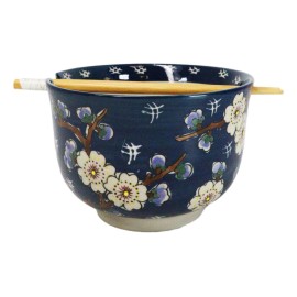 Midnight Blue Plum Blossoms Large 24Oz Donburi Ramen Bowl With Chopsticks Set