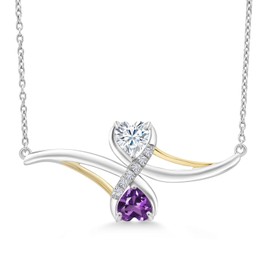Gem Stone King 925 Silver and 10K Yellow Gold White Moissanite and Purple Amethyst Pendant Necklace For Women (0.90 Cttw, with 18 Inch Silver Chain)