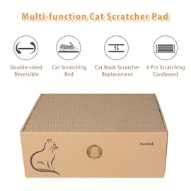 AUSCAT Cat Cardboard Scratcher, 4 PCS Reversible Cat Scratching Boards with Box for Indoor Kitty to Rest and Play, 14.8" L x 10.8" W x 5.2" H.