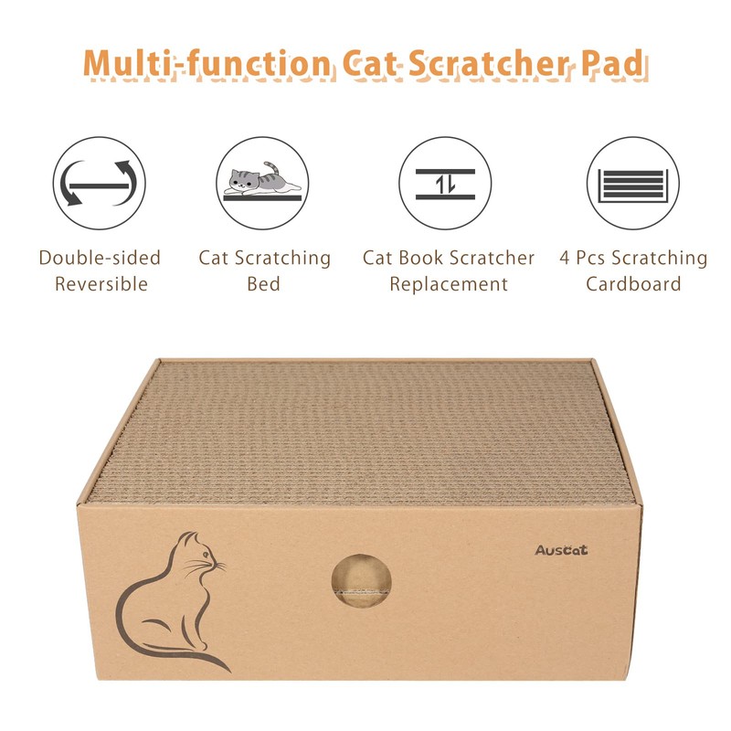 AUSCAT Cat Cardboard Scratcher, 4 PCS Reversible Cat Scratching Boards