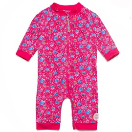 BONVERANO Little Girls' Swimming Costume One Piece Extra Long Zip with Swimming Cap UV Protection 50+, Red (red flowers), 18 - 24 months