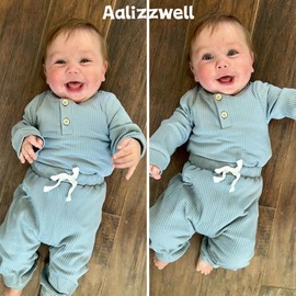 Aalizzwell Newborn Baby Boys Clothes Ribbed Long Sleeve Fall Winter Outfit Blue NB