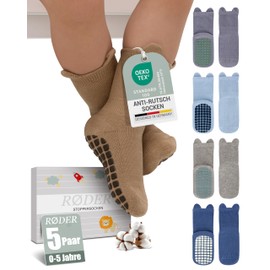 RØDER 5 Pack Baby Stopper Socks with ABS Nubs - Non-Slip Cotton Crawling & First Walking Socks Soft Comfort Waistband Flat Toe Seam - Sizes 0-6/6-12/12-24 Months, Pack 2