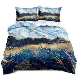 Holiyjog Royal Blue Marble Duvet Cover Set King Size Sequin Gold Bedding Comforter Covers with 2 Pillow Shams Breathable Durable Soft Comfy