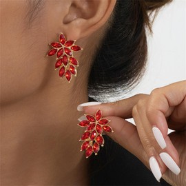 Vintage Glitter Rhinestone Earrings,Colourful Crystal Statement Earrings Fashion Boho Flower Leaf-shaped Stud Wedding Prom Jewerly 2025 (Red)