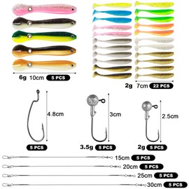 Realure 62 Pcs/2 Types Fishing Soft Plastic Lures Set with Tube Jig Heads & Offset Fishing Hooks & Wire Traces 100mm/70mm Bionic Loach Lure Paddle T-Tail Swimbaits for Bass Pike Trout