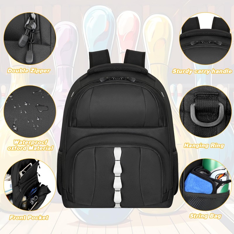 2 Ball Bowling Backpack,Bowling Ball Bag with Shoe Compartment &