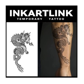 INKARTLINK Tattoo Tech,2 Sheets Extra-Large Semi Permanent Tattoo,Adult Art Design Temporary Tattoos, Lasts 1-2 Weeks, Waterproof, Realistic look, No Adhesive, No reflection (Dargon Design）