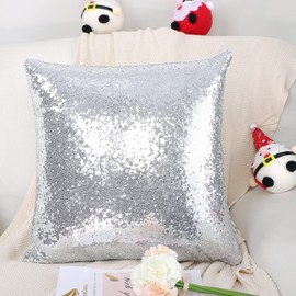 PiccoCasa 1 Pc Sequin Throw Pillow Cover, 45x45cm, Glitzy Decorative Cushion Cover, Shiny Sparkling Satin Square Pillowcase Cover for Livingroom Decor Wedding Party, Silver
