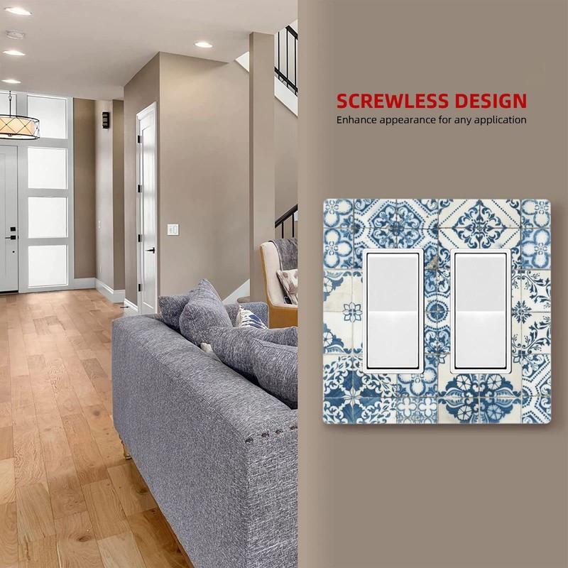 Retro Blue Tile 2 Gang Double Rocker/Decor Light Switch Cover