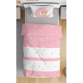 one-home Children's Baby Bed Linen 100 x 135 cm + 40 x 60 cm Teddy Bears Stars Moon for Boys and Girls Soft Microfibre Children's Bedding Set, Colour: Pink