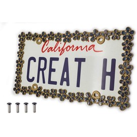 Creathome 3D Shining Daisy Wrenth License Plate Frame from Pure Zinc Alloy Metal Perfect Plate Holder,Matt Gold with Black Glitter