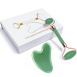 Gua Sha Stones Face Jade Stone Heart Shape Guasha Board Scratch Massage Tool for Face, Eyes, Neck for Skin Care (Green Roller And Gua Sha)