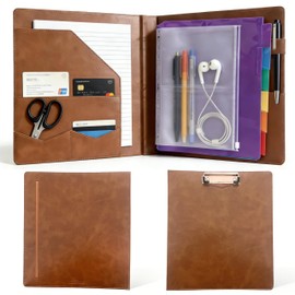 3-Ring Leather Binder,Portfolio Organizer with 5 Built-in Storage Pockets,PU Leather Folder Binder for Women/Men,Letter/A4 Size Clipboard