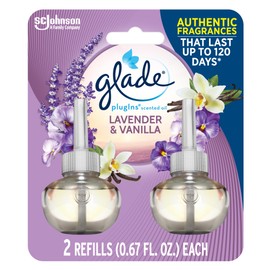 Glade PlugIns Scented Oil Refill Lavender & Vanilla, Essential Oil Infused Wall Plug In, Up to 100 Days of Continuous Fragrance, 1.34 oz, Pack of 2