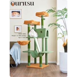 Ouritsu Cat Tree, 61.34" Tall Cat Tower for Large Cat Indoor, Two Top Perches One Widened, Extra Large Condo with Side Door, Scratching Post and ramp, Hammock, Fluffy Basket, Cactus Green, LF002GB