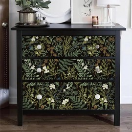 FlockenHome 17.5'' x 118'' Boho Floral Wallpaper Peel and Stick Dark Green Leaf Wall Paper Self Adhesive Contact Paper for Home Countertop Cabinet Décor