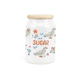 Purely Home Ducks & Flowers Ceramic Sugar Storage Canister - Floral Birds Artwork Kitchen Food Storage Container & Wooden Lid 600ml (14.5cm x 9.5cm)