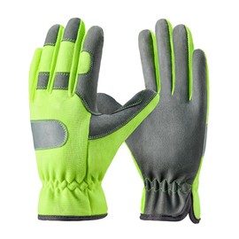 COOLJOB Hi-vis Reflective Safety Work Garden Gloves for Men Women, Faux Leather Utility Mechanic Gloves with Grip, 2 Pairs, Small, Yellow