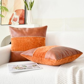 CaliTime Throw Pillow Covers Pack of 2 Soft Faux Leather Solid Dyed Chenille Cushion Cases for Couch Sofa Home Decoration 18 X 18 Inches Burnt Orange