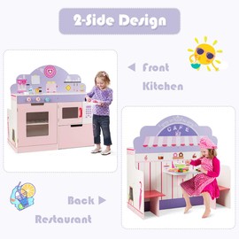 Costzon 2 in 1 Kids Play Kitchen and Cafe, Double Sided Wooden Pretend Cooking Playset with Stove, Oven, Microwave, Turnable Knobs and Storage Shelf, Simulation Cooking Toy Set for Toddlers (Pink)