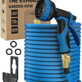 Garden 100ft Expandable Rubber Garden Hose 10-Function Spray Nozzle Lightweigh - 2-Pack(100FT with Spray Nozzle) Random Color