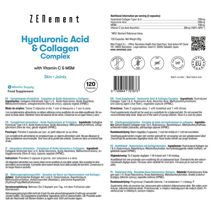 Hyaluronic Acid Collagen Complex, Skin & Hair Complex Enriched with
