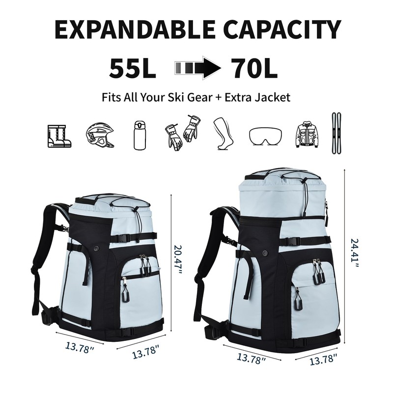 Heliar 55L-70L Expandable Ski Boot Bag – Waterproof, Durable Backpack