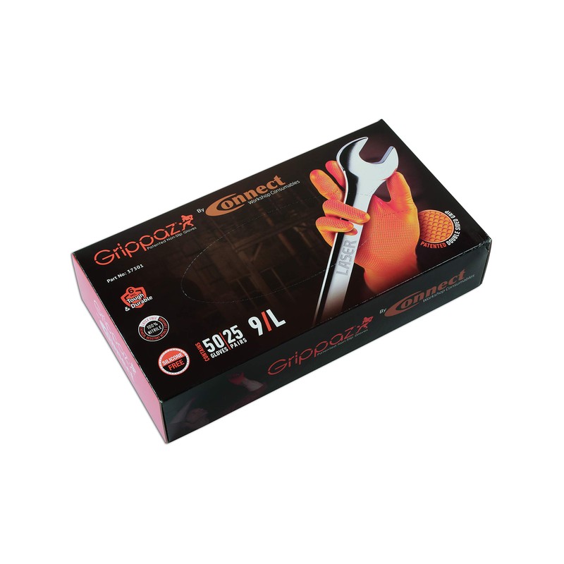 Connect 37301 Grippaz Large Orange Nitrile Gloves Box 50pc/25 Pairs