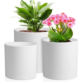 Meowell Meowell 6/5/4 inch Flower Pots, Pack of 3 Cylinder Plant Pots for Small Indoor Outdoor Plants, Plastic Planters with Drainage Holes and Saucers for Garden Succulent Nursery House Plants, White