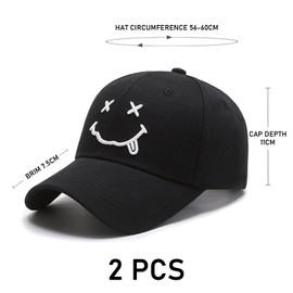 HDGSAFD Pack of 2 Baseball Caps, Smiley Leisure Hats, Wide Brim Sun Hats, Men's and Women's Hats, Sun Protection Hats for Outdoor Use, Adjustable Baseball Caps, black, white