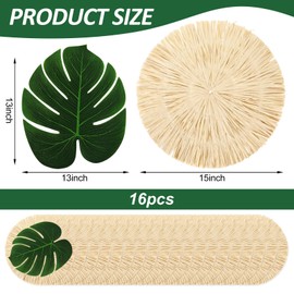 JarThenaAMCS 32Pcs Luau Placemat, 16pcs Round Fringe Table Mat and 16pcs Tropical Palm Leaf Place Mats Bulk Chargers Macrame Place Mats for Summer Tropical Hawaiian Party Table Setting Decor