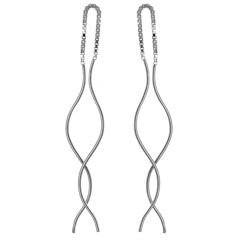 Sterling Silver Wavey Bar Long Dangle Pull Through Earrings