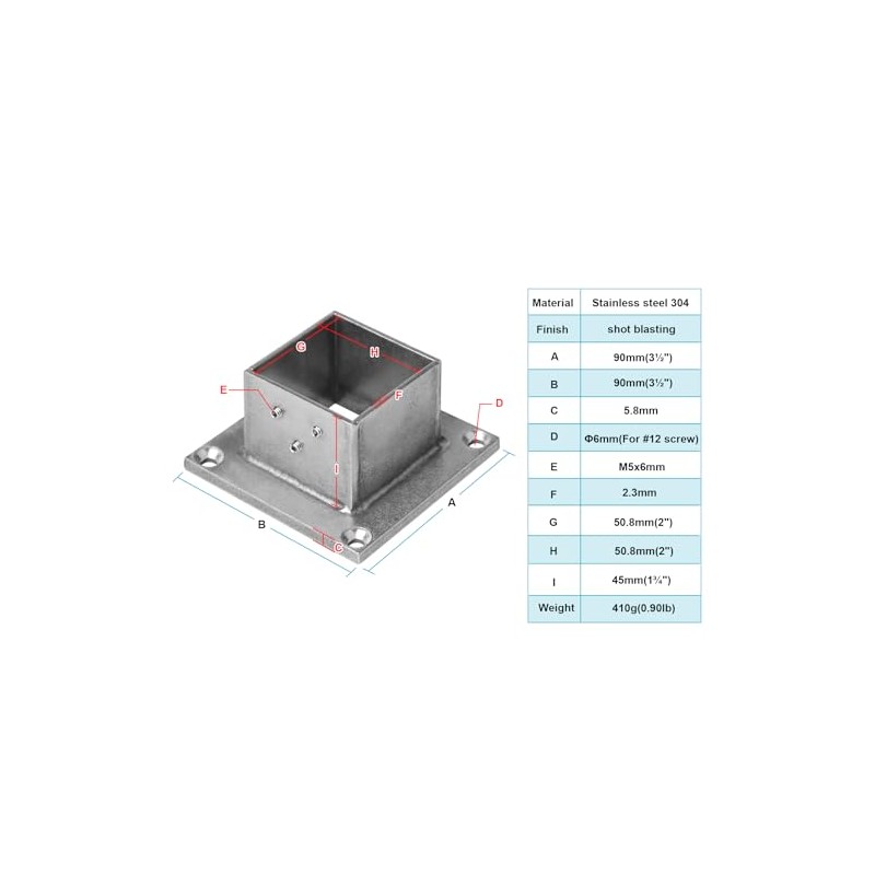 4 PCS 2" Square Post Flange Base, 304 Stainless Steel