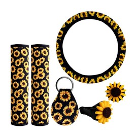 Sunflower Steering Wheel Set - Car Steering Wheel - Cute Seat Belt Shoulder Straps and Key Chain for Auto,