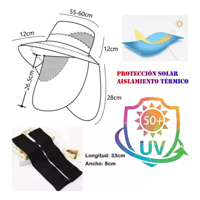 Dolores Sombrero Pesca Sol Protección Cuello Cara Mangas Brazo 3pcs