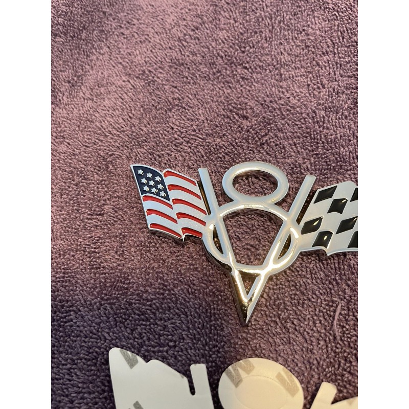 American 2 EA METAL CHROME V8 EMBLEM WITH AMERICAN FLAG