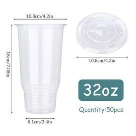 BALDCC 32 oz Crystal Clear Plastic Cups,50 Pack Oversized Disposable Clear Cups,flat Cover Pluggable Straw for Smoothie, Iced Coffee,Milkshake& Any Cold Drink