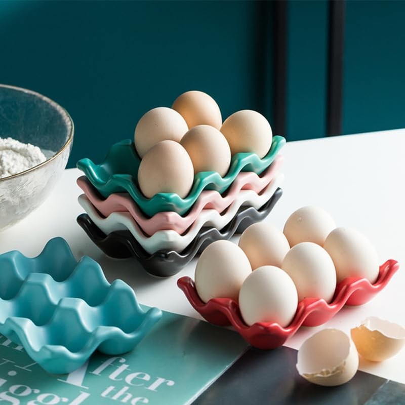 HEALEEP 6 Cups Ceramic Egg Holder for Fridge: Egg Tray