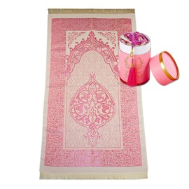 CARPETIA Gebetsteppich Set mit Geschenkbox & 99er Tesbih rosa muslimisches Geschenk faltbar pflegeleicht für Damen Moschee Reisen Zuhause 65 x 110 cm