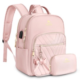 MATEIN Bowknot Cute Backpack Purse, Fashion Mini Shoulder Bag with USB Charging Port, Waterproof Lightweight Travel Daily Backpack College Handbag for Ladies Women, 2pcs Sets, Pink