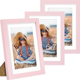 Vittanly 5x7 Picture Frame Set of 3, Display Pictures 4x6 with Mat or 5x7 without Mat for Wall Mounting or Tabletop, Picture Frames for Wall Decor, Engineered Wood, Pale Pink